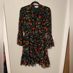 Calvin Klein Floral Chiffon Tie Neck Ruffle Hem Dress Black Size 8